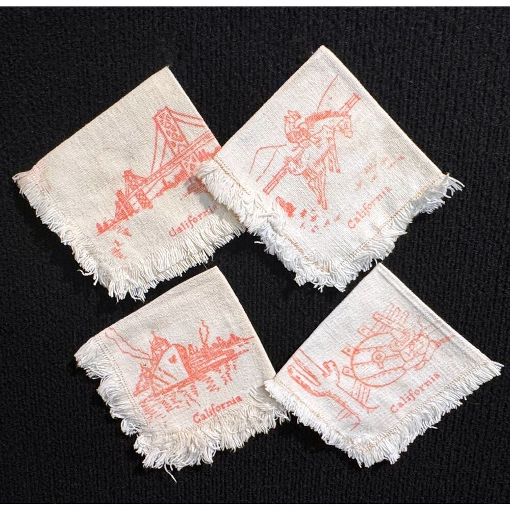 Set of 4 Vintage California Souvenir Fringe Cocktail Napkins